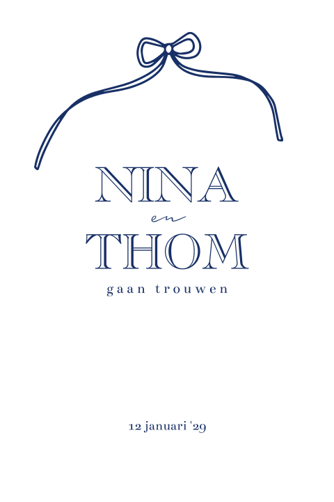 Trouwkaart ovaal met strikje blauw wit delfsblauw