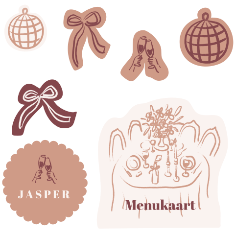 Verschillende doodles discobal strikje wijnglazen trouwkaart roze