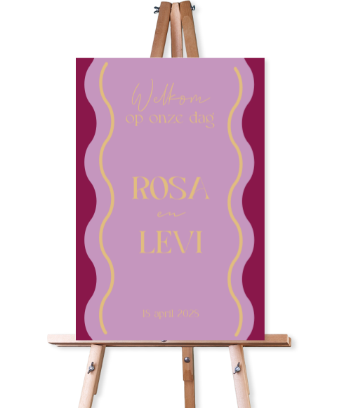 Welkomstbord voor op de bruiloft roze paars en goud