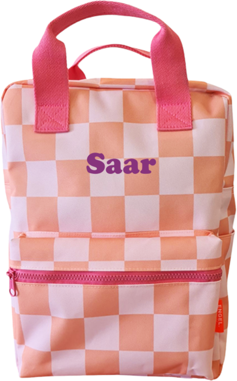 Engelpunt rugtas met naam roze oranje geblokt