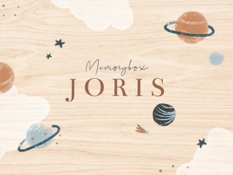 Houten geboorte kist stijl geboortekaartje met planeten en sterren