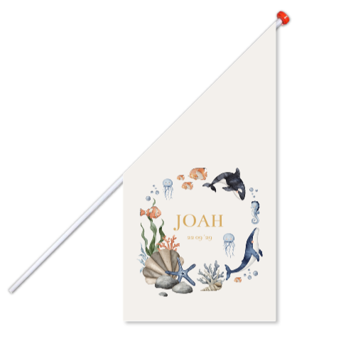 Geboortevlag beige met zeedieren en gouden letters