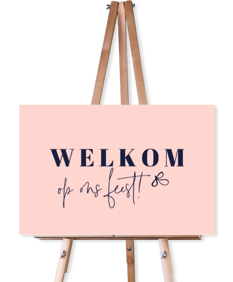 Welkomsbord voor jullie feest of bruiloft roze donkerblauw