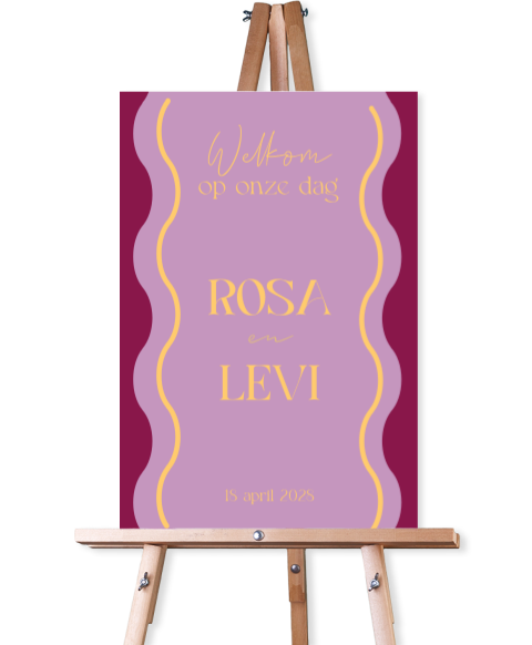 Welkomstbord voor op de bruiloft roze paars en goud