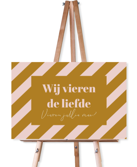 Welkomstbord voor bruiloft met okergele en roze streepjes