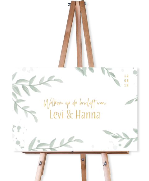 Welkombord voor op jullie bruiloft met groene watercolor takjes