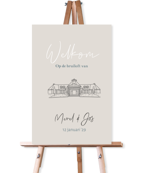 Welkomstbord voor op de bruiloft beige lijntekening Koningshof Urk