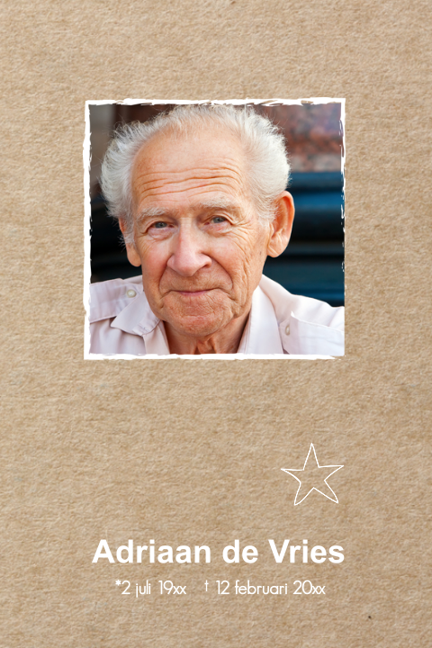Rouwkaart voor een man met kraft look achtergrond en een eigen foto