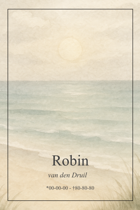 Rouwkaart met een aquarel van de zon zee en strand