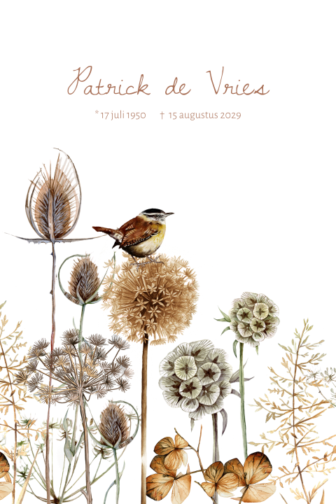 Herinneringskaart man vrouw met musje en bloemen