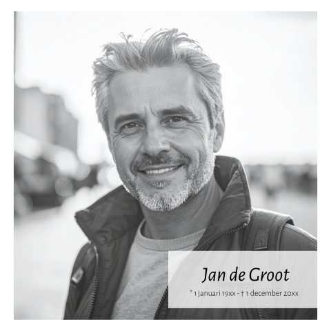Rouwkaart strak met vierkant vlak en portretfoto man