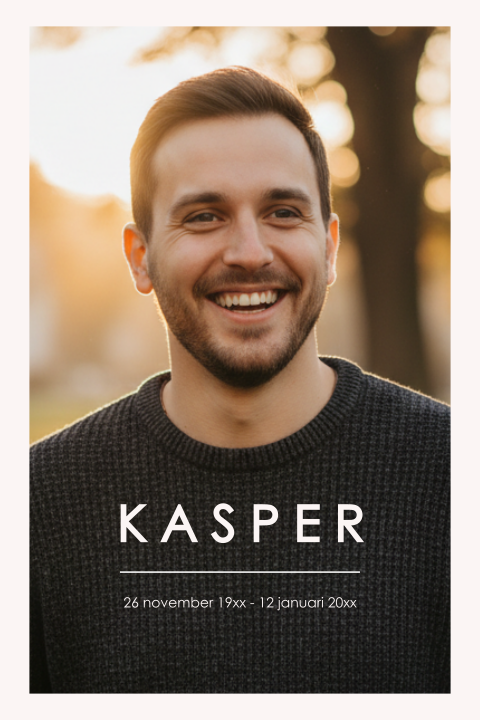 Rouwkaart man modern met strakke letters en ruimte voor een eigen foto