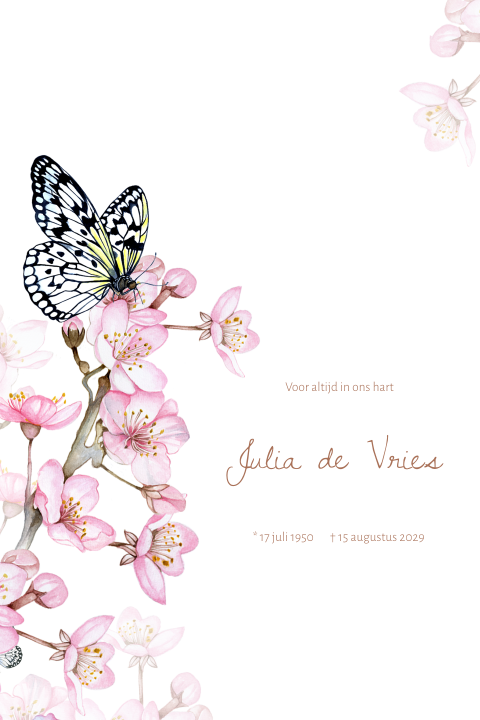 Bidprentje voor een vrouw met roze bloesem en vlinder