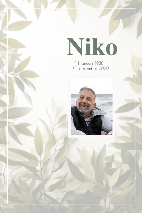 Rouwkaart neutraal met bladeren, rouwrand en ruimte voor een foto