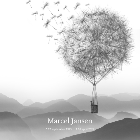 Rouwkaart met luchtballon in de vorm van een paardenbloem