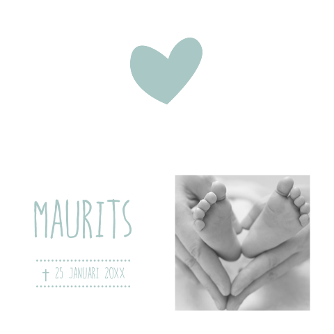 Rouwkaartje baby jongen met foto en mint groen hart