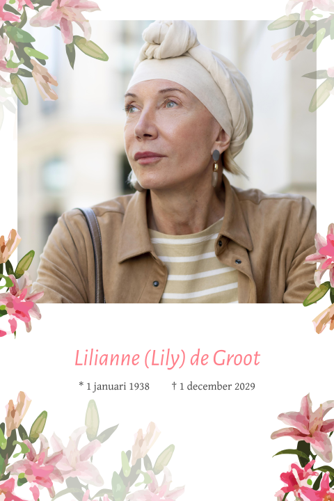 Rouwkaart vrouw met ruimte voor eigen foto en lelie bloemen
