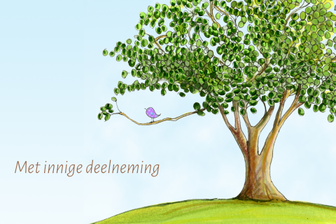 Met innige deelneming kaart getekende boom met vogel en blauwe lucht