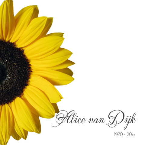 Moderne bloemen rouwkaart met gele zonnebloem