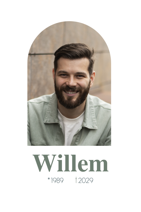 Rouwkaart voor een man met boogvormig fotokader