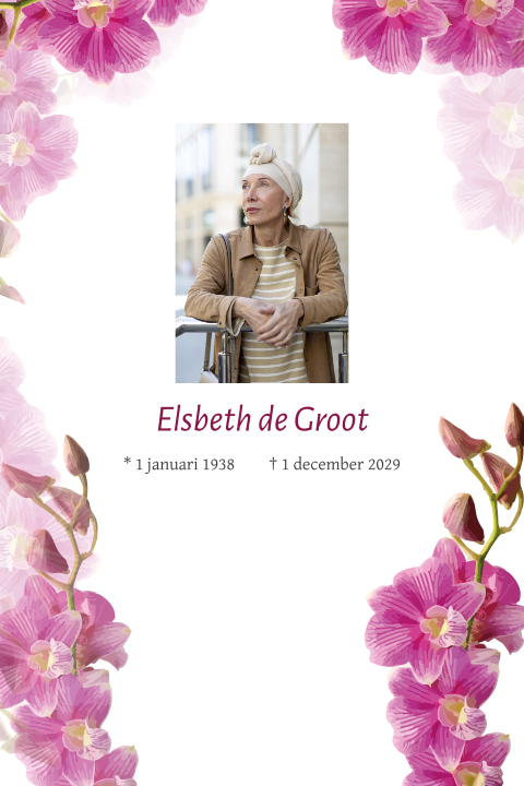 Rouwkaart vrouw met foto en roze orchidee