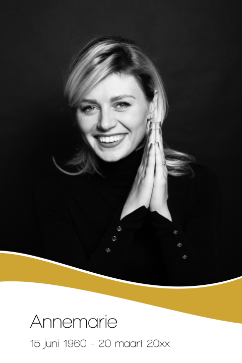 Moderne rouwkaart met dubbel portret en gekleurde boog