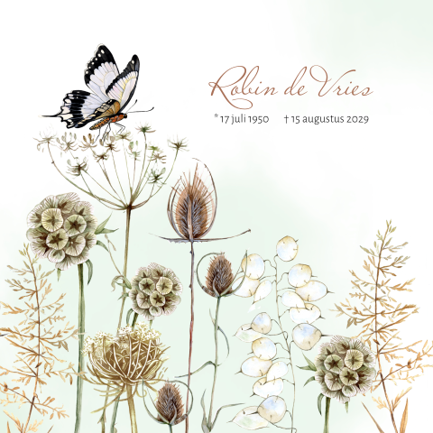 Rouwkaart mint groen met droogbloemen en vlinder