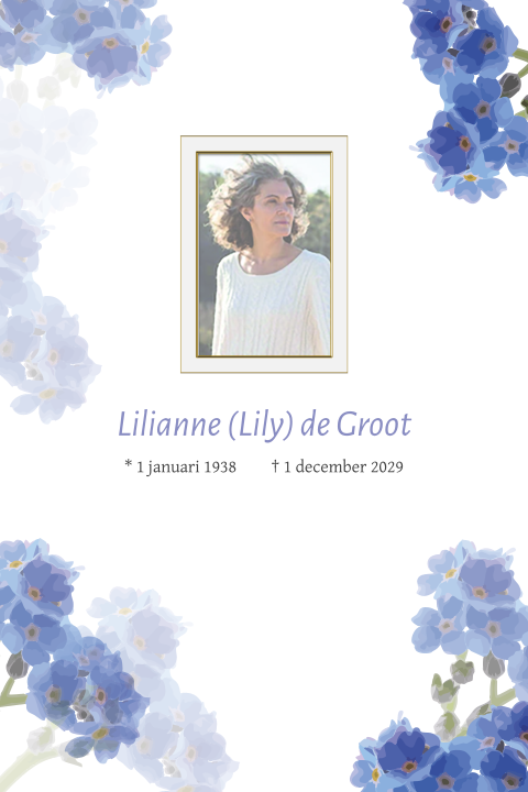 Rouwkaart met eigen foto en blauwe vergeet me nietjes bloemen