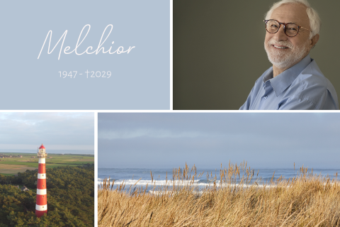 Rouwkaart man modern met vuurtoorn en zee