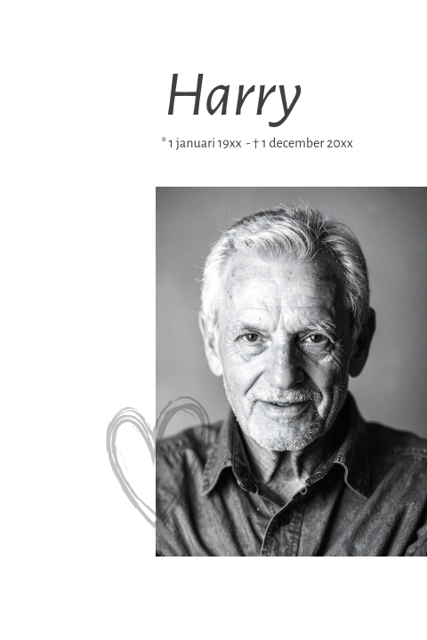 Eenvoudige rouwkaart met portretfoto en grijs hart