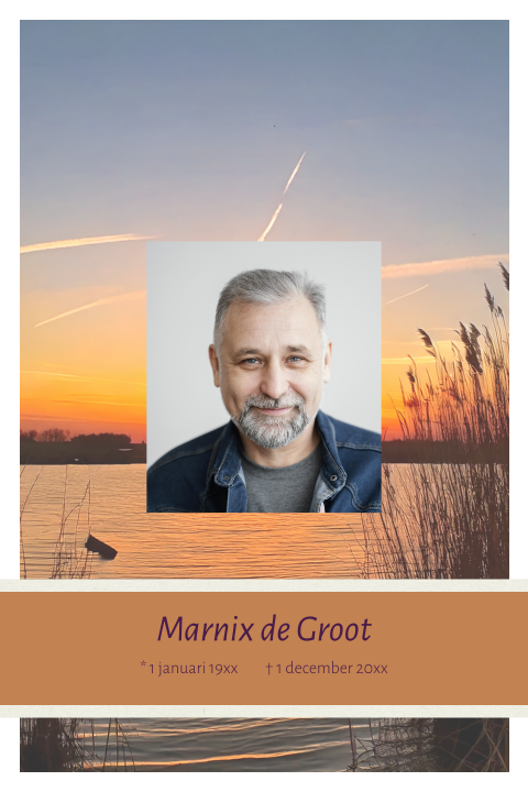 Rouwkaart man met zonsondergang en eigen portret foto