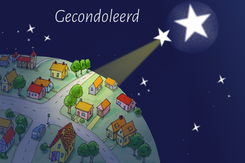 Gecondoleerd kaartje met mooi getekende kaart van een ster met huisjes