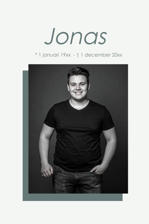 Rouwkaart voor een jonge man modern met kleurvlak en foto