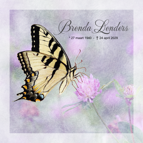 Rouwkaart met een grote vlinder en een paarse bloem