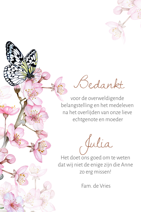 Dankbetuiging overlijden bloesem met vlinder