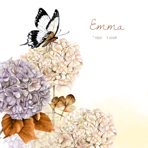 Rouwkaart met een illustratie van een vlinder en bloemen hortensia