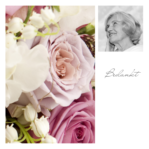 Bedankkaart chique na overlijden vrouw met roze rozen en foto kader