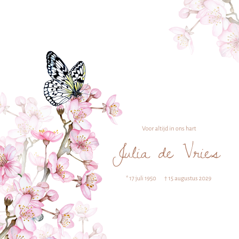 Rouwkaart met mooie bloesem en een vlinder