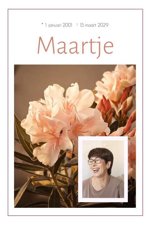 Rouwkaart voor een vrouw met eigen foto en oleander