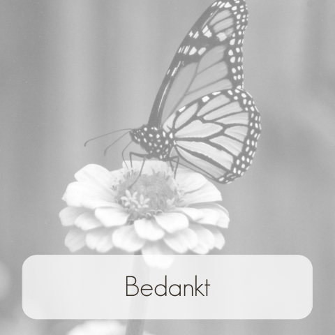 Mooie bedankkaart in zwart wit met vlinder op een bloem