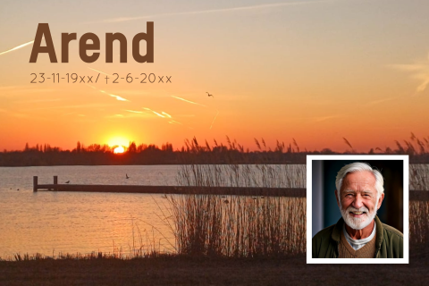 Rouwkaart man met foto van ondergaande zon en stijger