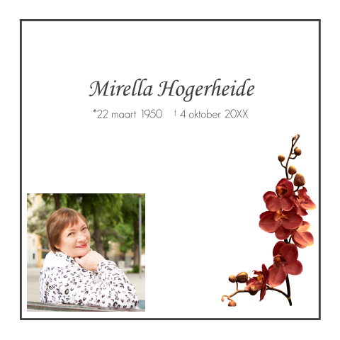 Traditionele herinneringskaart uitvaart rode orchidee wit met rouwrand