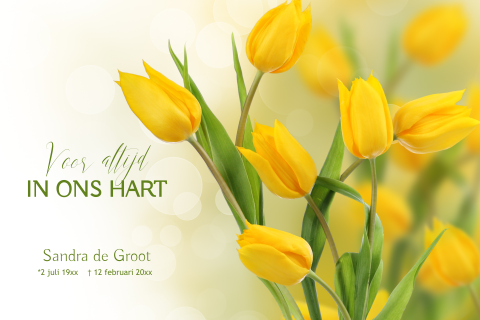 Bedankkaart na overlijden met gele tulpen 