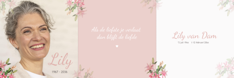 Rouwkaart drieluik vrouw lelies bloemen foto zachtroze