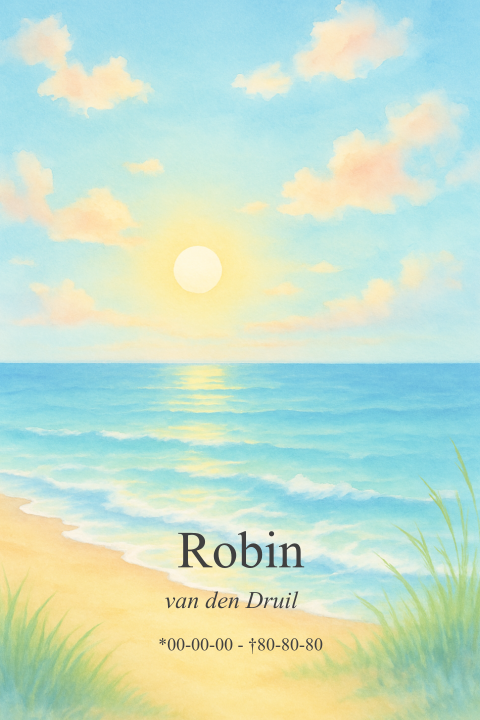 Rouwkaart met een kleurrijke aquarel van de zon zee en strand