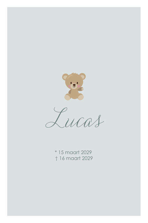 Rouwkaart voor een kindje of baby een jongetje met tekening beertje