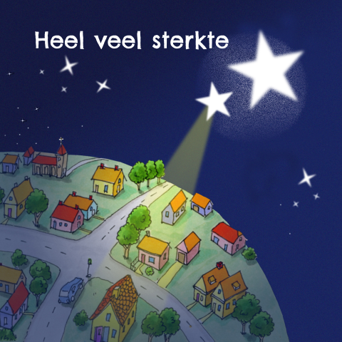 Condoleance kaart kindje mooi getekende kaart van een ster met huisjes