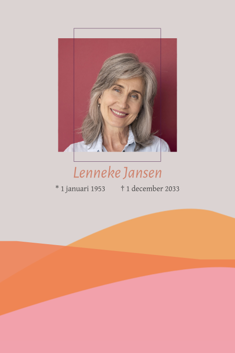 Rouwkaart met foto en landschap met zonsondergang