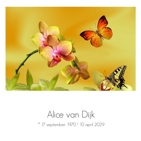 Stijlvolle rouwkaart met gele orchidee en vlinders