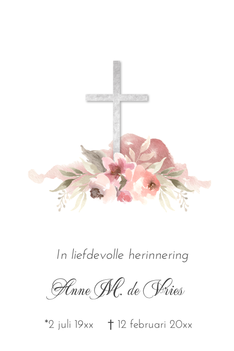 Rouwkaart religieus voor een vrouw met roze bloemen en kruis